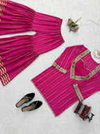 Rani Pink Festive Kurti Sharara Set with Golden Stripes & Mirror Work