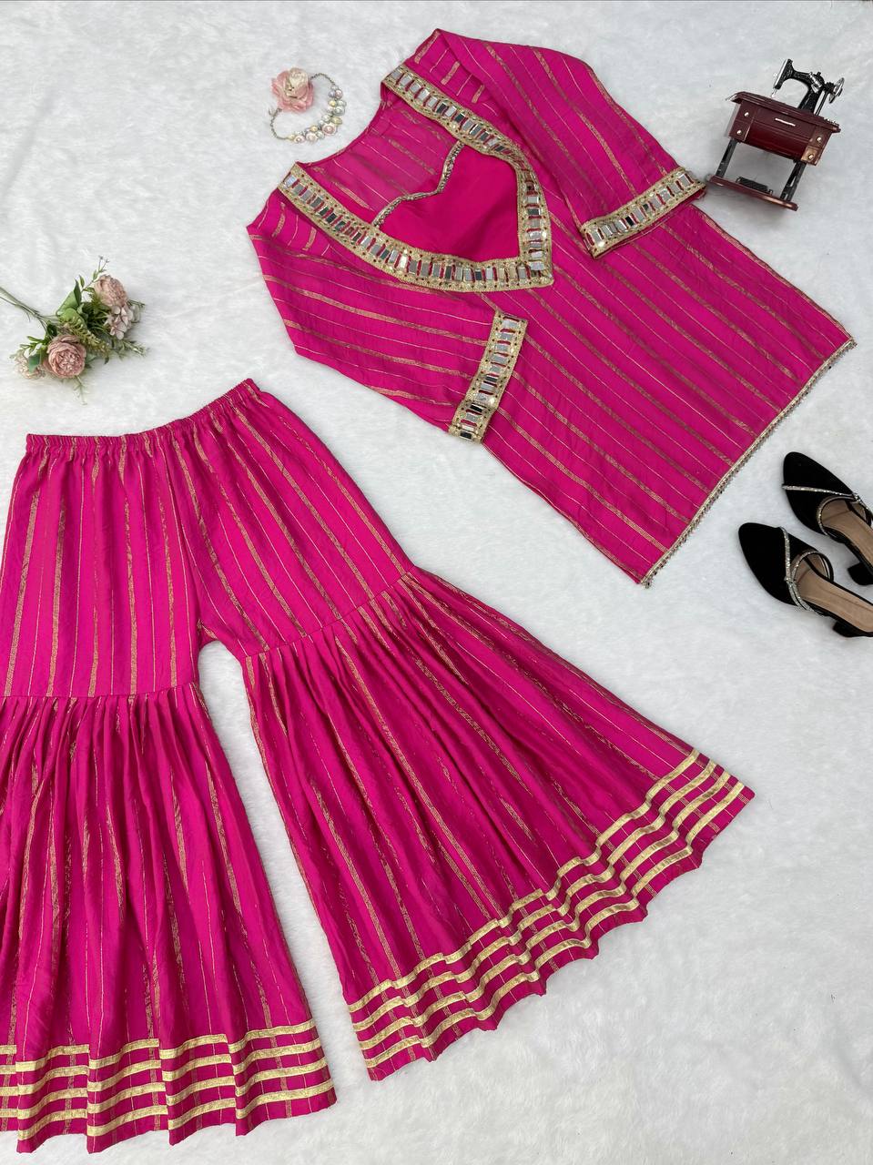 Rani Pink Festive Kurti Sharara Set with Golden Stripes & Mirror Work