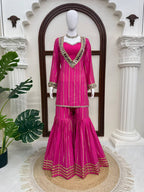 Rani Pink Festive Kurti Sharara Set with Golden Stripes & Mirror Work