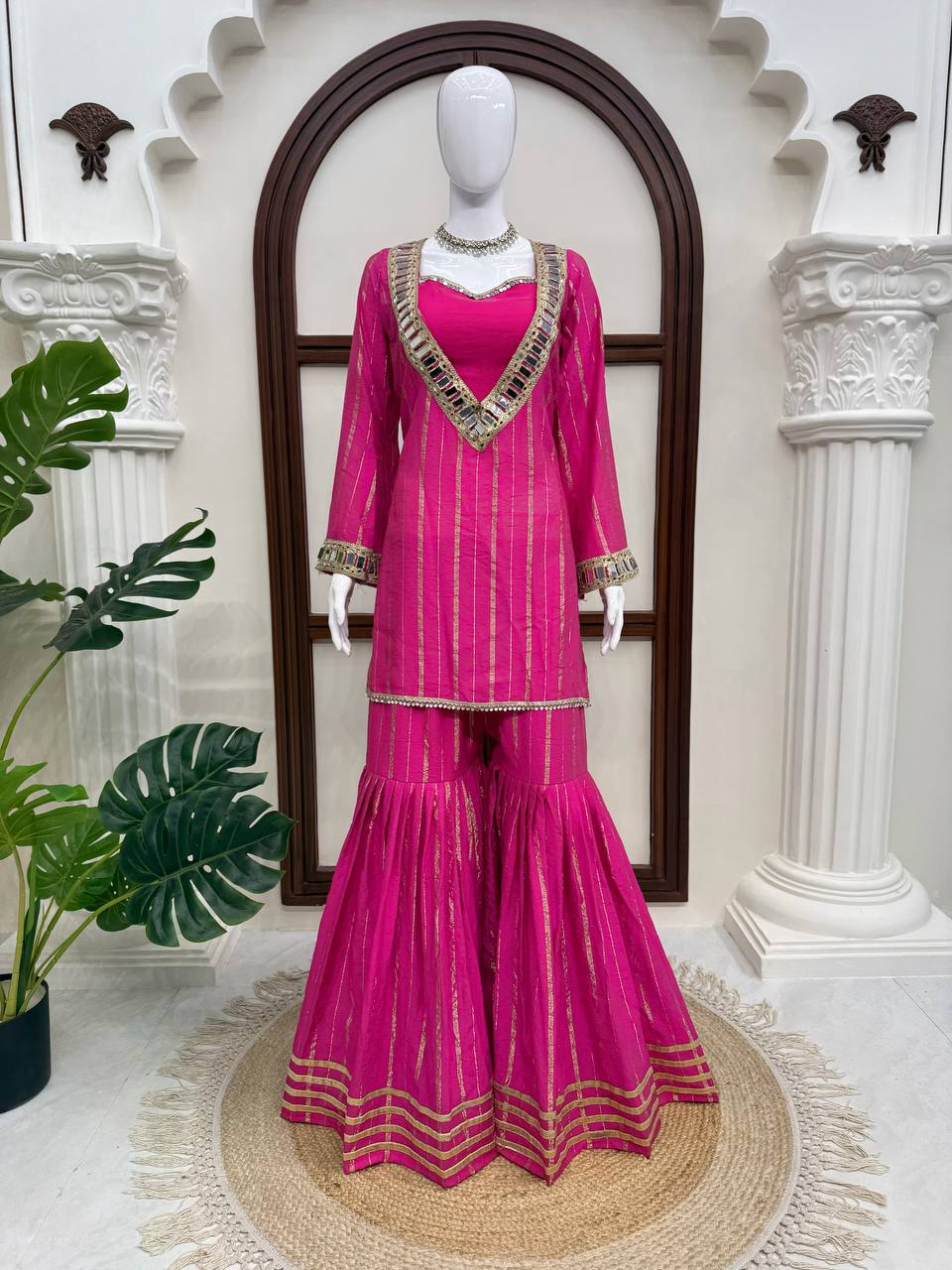 Rani Pink Festive Kurti Sharara Set with Golden Stripes & Mirror Work