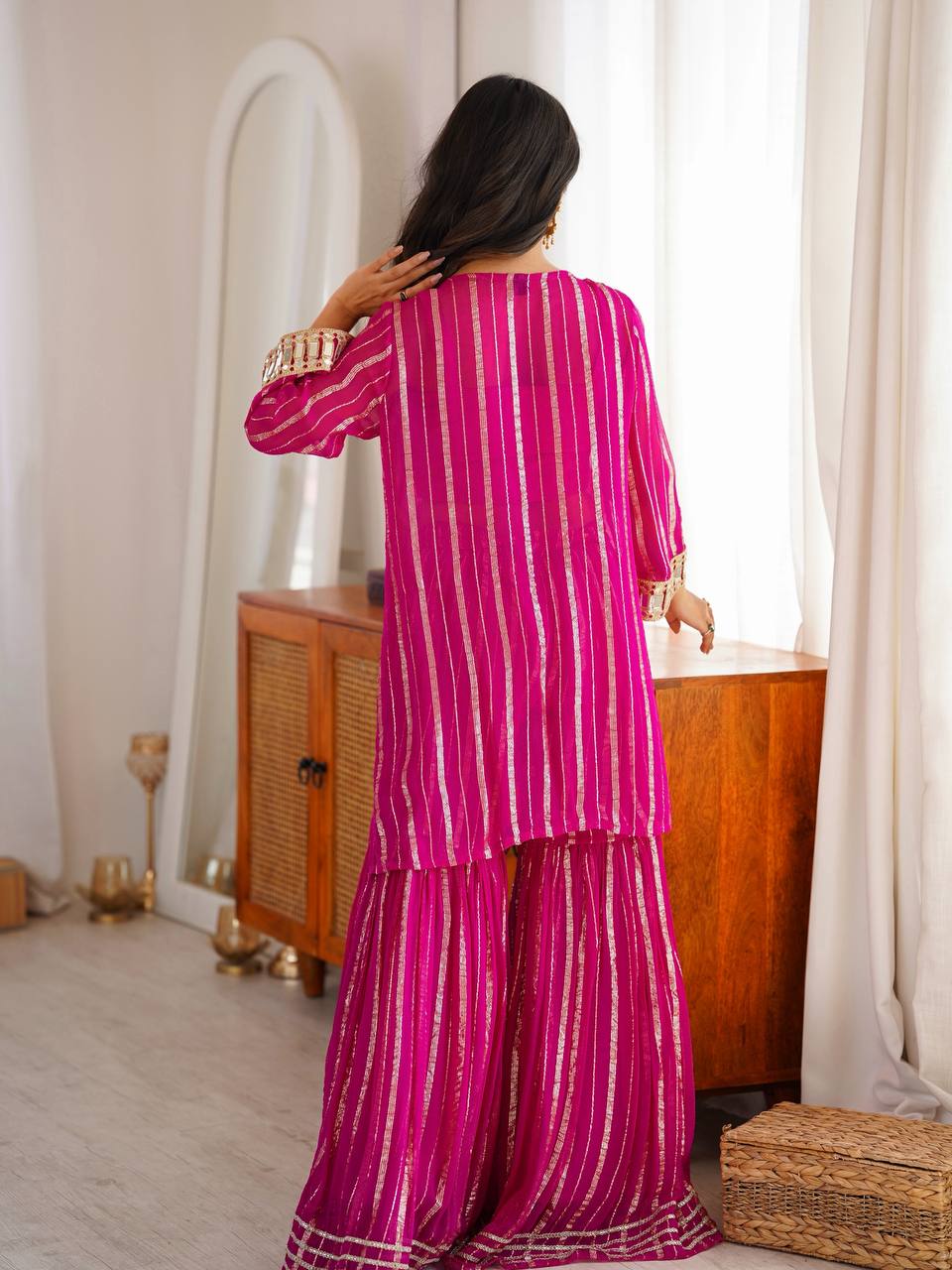 Rani Pink Festive Kurti Sharara Set with Golden Stripes & Mirror Work