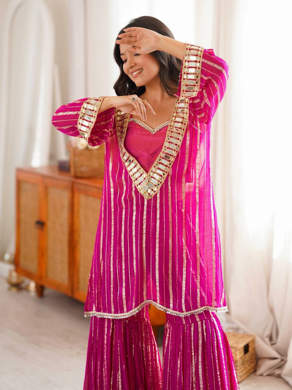 Rani Pink Festive Kurti Sharara Set with Golden Stripes & Mirror Work