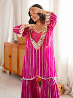 Rani Pink Festive Kurti Sharara Set with Golden Stripes & Mirror Work