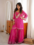 Rani Pink Festive Kurti Sharara Set with Golden Stripes & Mirror Work