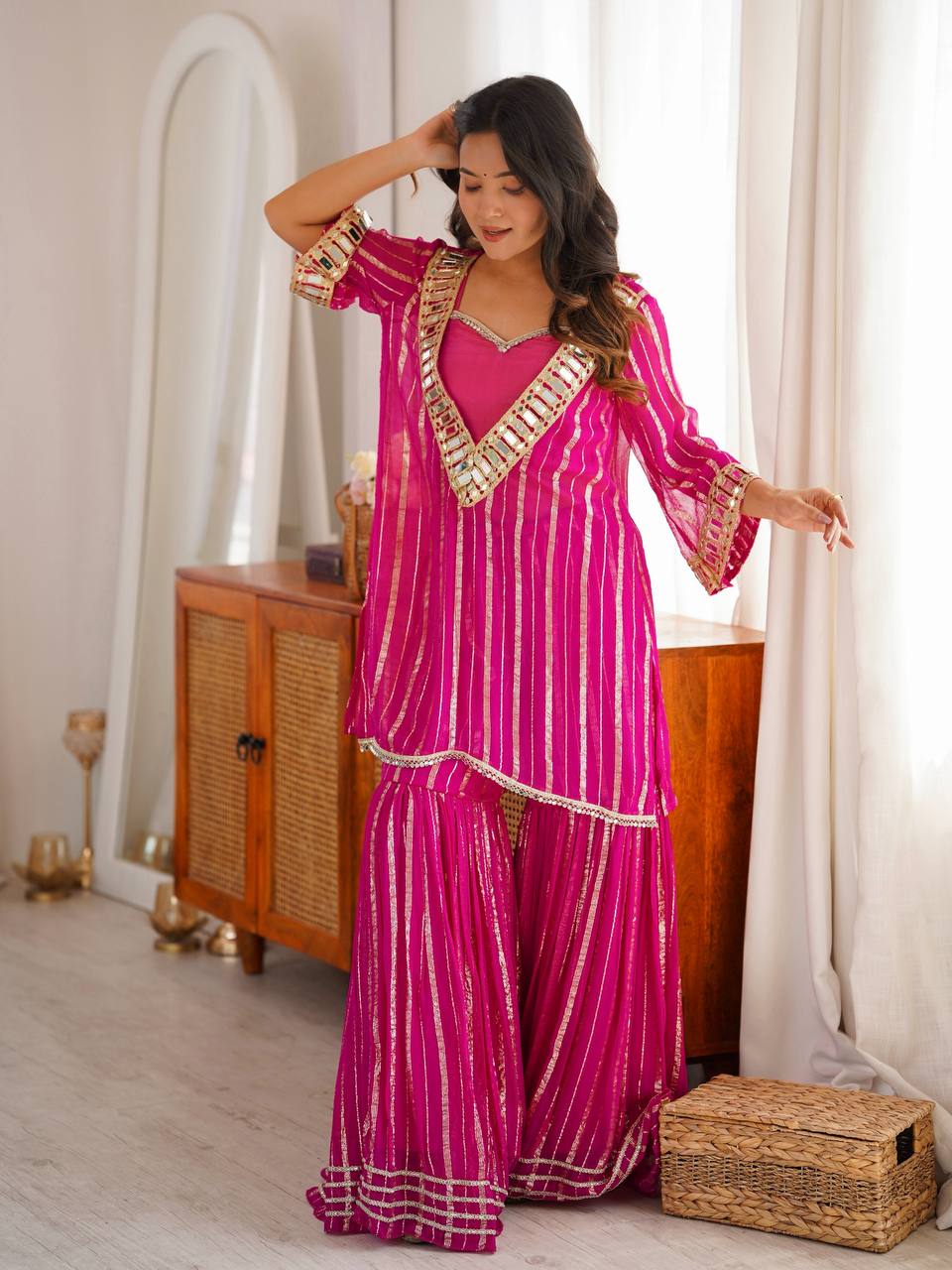 Rani Pink Festive Kurti Sharara Set with Golden Stripes & Mirror Work