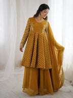 Chic Mustard Sharara Set : Crunchy Silk Embroidered Top With Dupatta