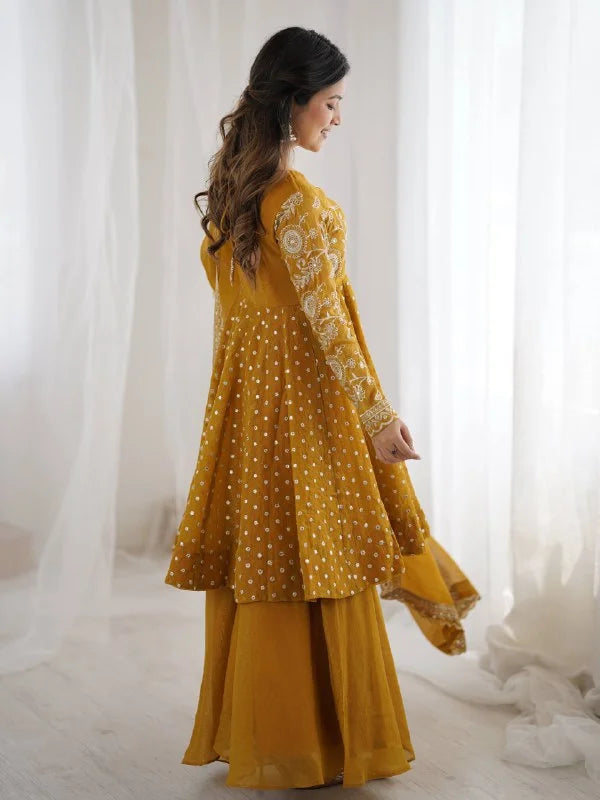 Chic Mustard Sharara Set : Crunchy Silk Embroidered Top With Dupatta