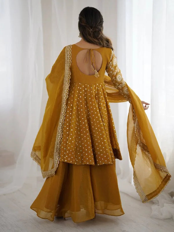 Chic Mustard Sharara Set : Crunchy Silk Embroidered Top With Dupatta