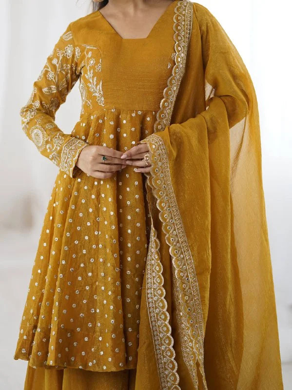 Chic Mustard Sharara Set : Crunchy Silk Embroidered Top With Dupatta