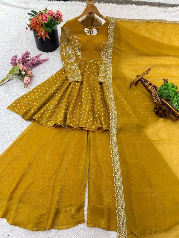 Chic Mustard Sharara Set : Crunchy Silk Embroidered Top With Dupatta