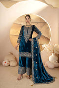 Designer Blue Velvet Suit â€“ Heavy Embroidery with Dupatta &amp; Pant | Elegant Ethnic Ensemble