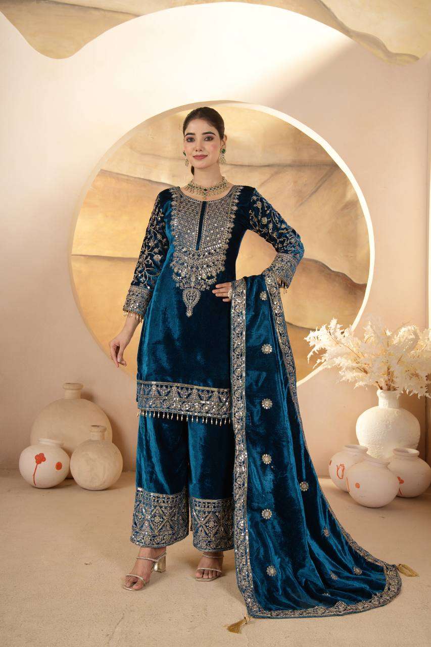 Designer Blue Velvet Suit â€“ Heavy Embroidery with Dupatta &amp; Pant | Elegant Ethnic Ensemble
