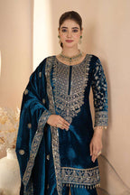 Designer Blue Velvet Suit â€“ Heavy Embroidery with Dupatta &amp; Pant | Elegant Ethnic Ensemble