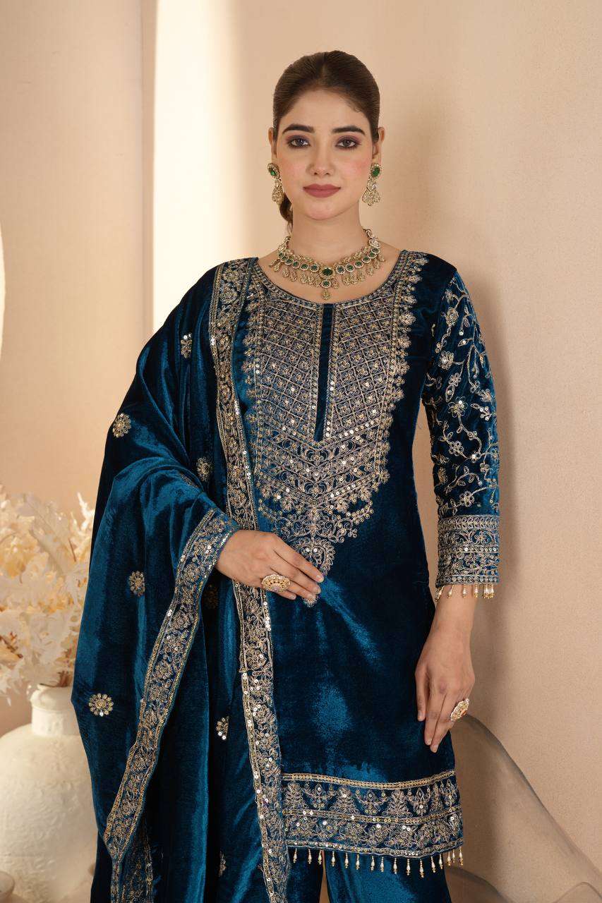 Designer Blue Velvet Suit â€“ Heavy Embroidery with Dupatta &amp; Pant | Elegant Ethnic Ensemble