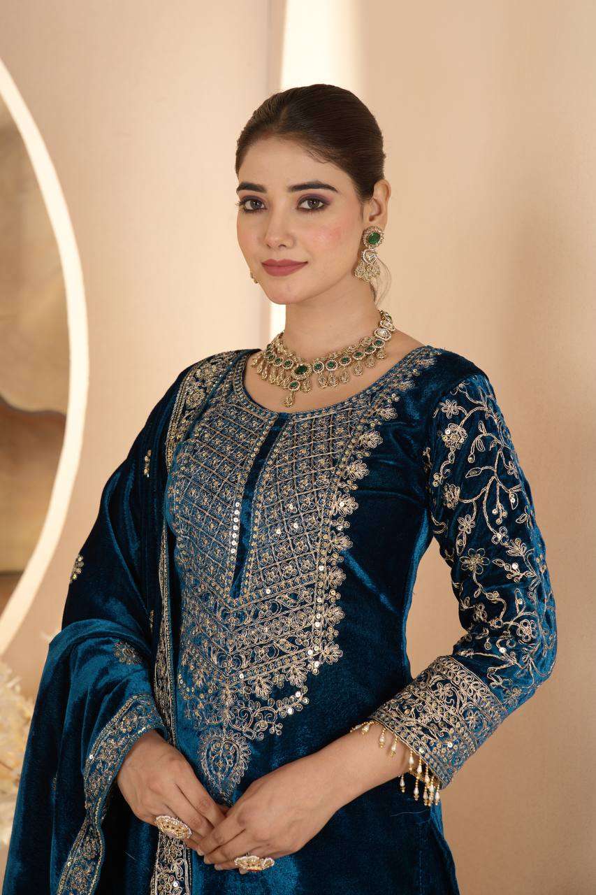 Designer Blue Velvet Suit â€“ Heavy Embroidery with Dupatta &amp; Pant | Elegant Ethnic Ensemble