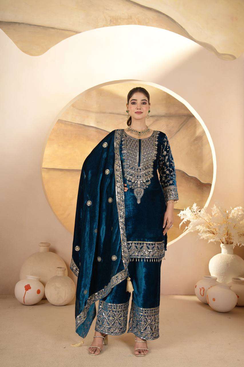 Designer Blue Velvet Suit â€“ Heavy Embroidery with Dupatta &amp; Pant | Elegant Ethnic Ensemble