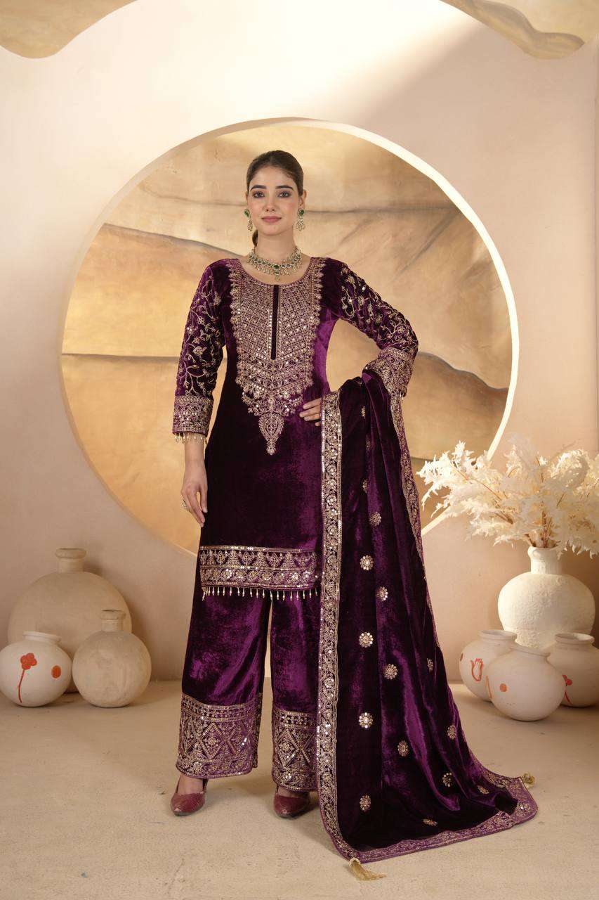 Elegant Maroon Velvet Suit Set – Festive Ethnic Wear with Embroidered Dupatta & Pant