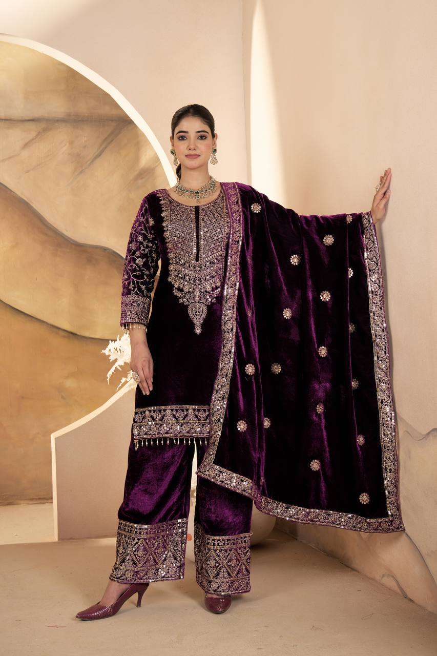 Elegant Maroon Velvet Suit Set – Festive Ethnic Wear with Embroidered Dupatta & Pant