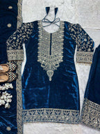 Designer Blue Velvet Suit â€“ Heavy Embroidery with Dupatta &amp; Pant | Elegant Ethnic Ensemble