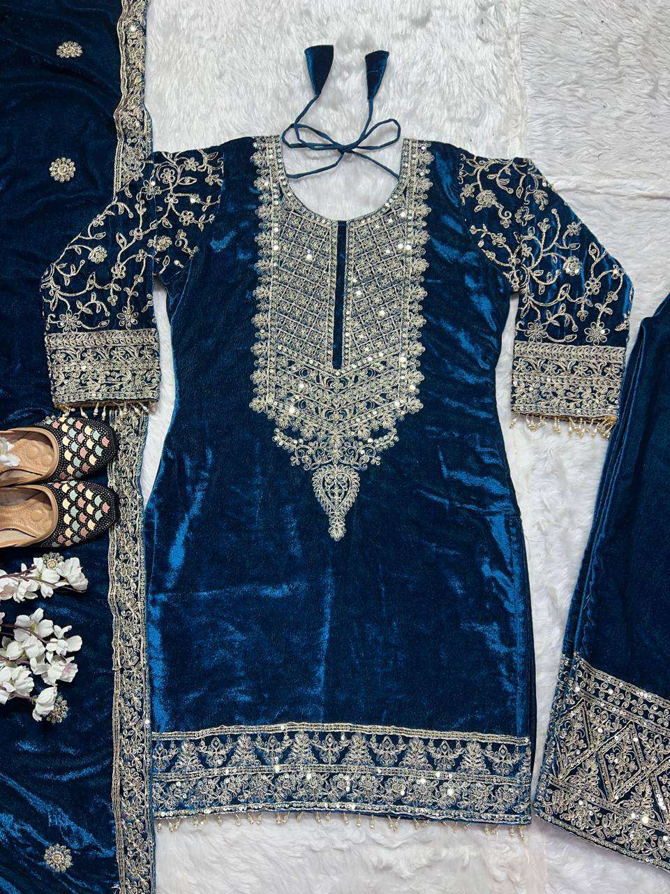 Designer Blue Velvet Suit â€“ Heavy Embroidery with Dupatta &amp; Pant | Elegant Ethnic Ensemble