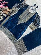 Designer Blue Velvet Suit â€“ Heavy Embroidery with Dupatta &amp; Pant | Elegant Ethnic Ensemble