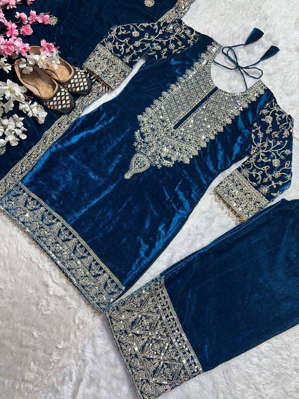 Designer Blue Velvet Suit â€“ Heavy Embroidery with Dupatta &amp; Pant | Elegant Ethnic Ensemble