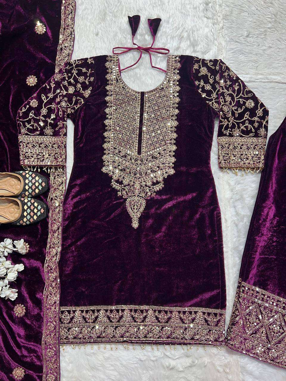 Elegant Maroon Velvet Suit Set – Festive Ethnic Wear with Embroidered Dupatta & Pant