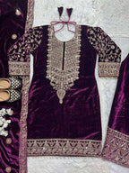 Elegant Maroon Velvet Suit Set – Festive Ethnic Wear with Embroidered Dupatta & Pant