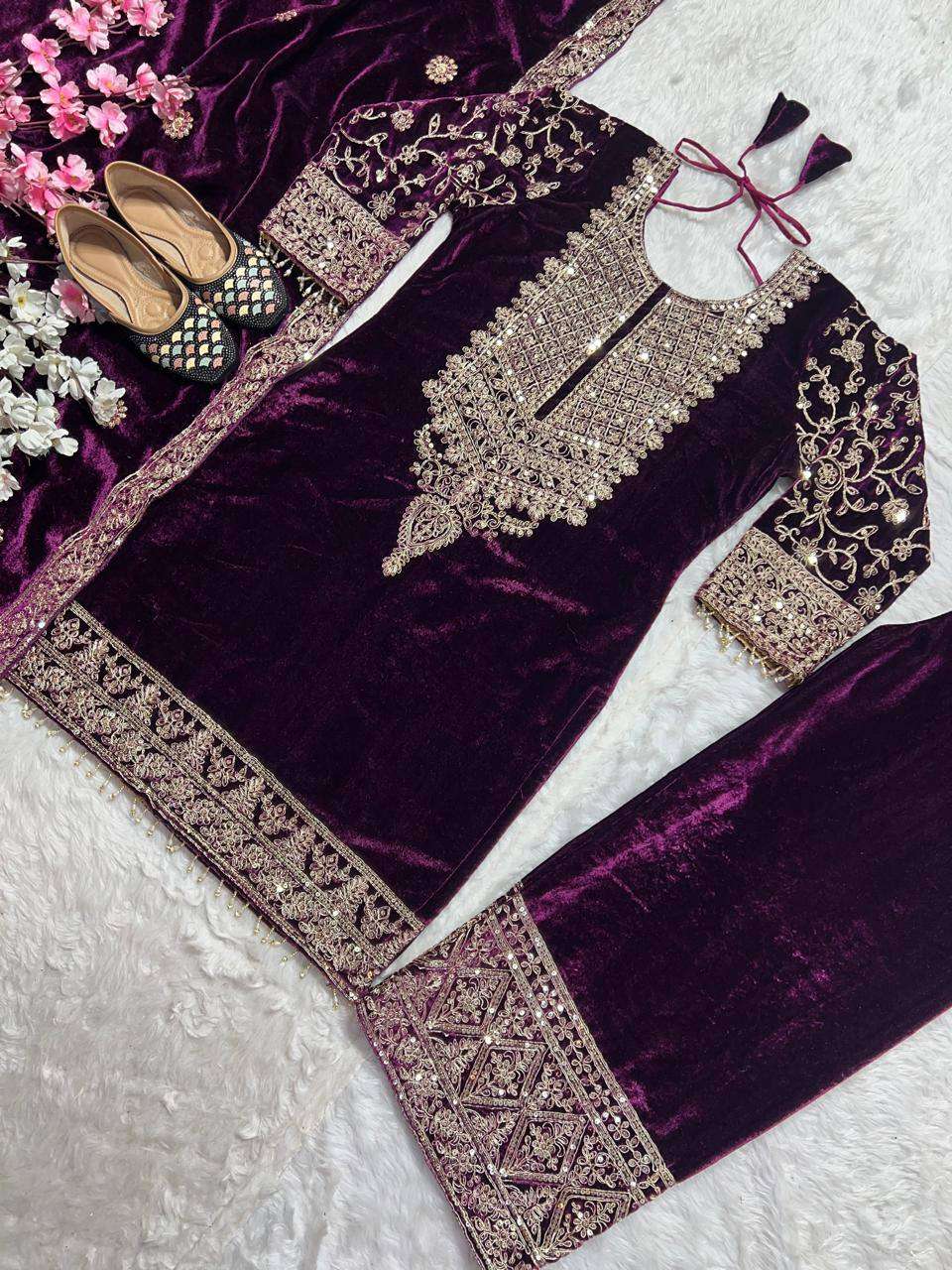 Elegant Maroon Velvet Suit Set – Festive Ethnic Wear with Embroidered Dupatta & Pant