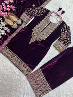 Elegant Maroon Velvet Suit Set – Festive Ethnic Wear with Embroidered Dupatta & Pant