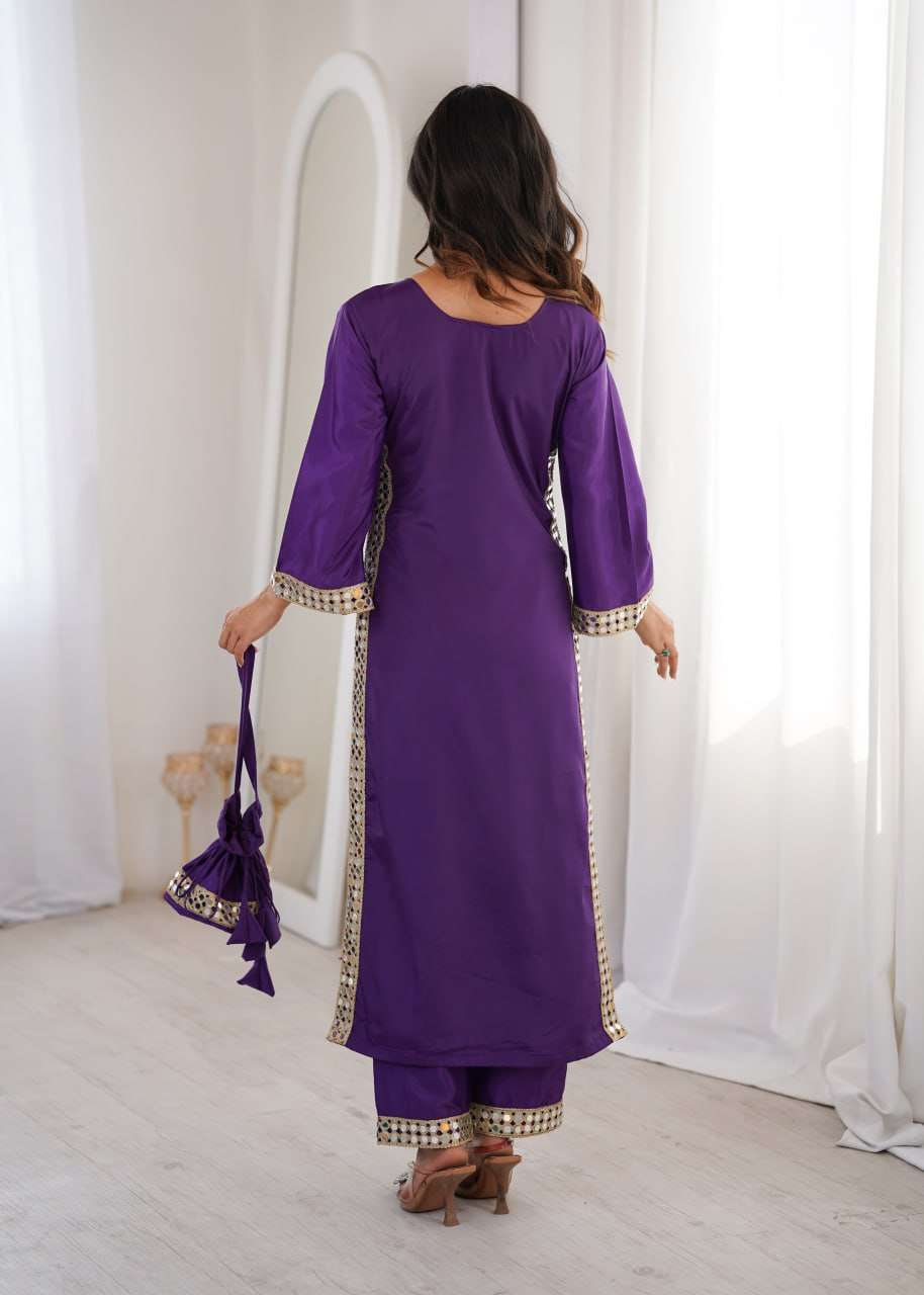 Premium Natural Crepe Mirror Lace Kurti Set with Matching Batwa