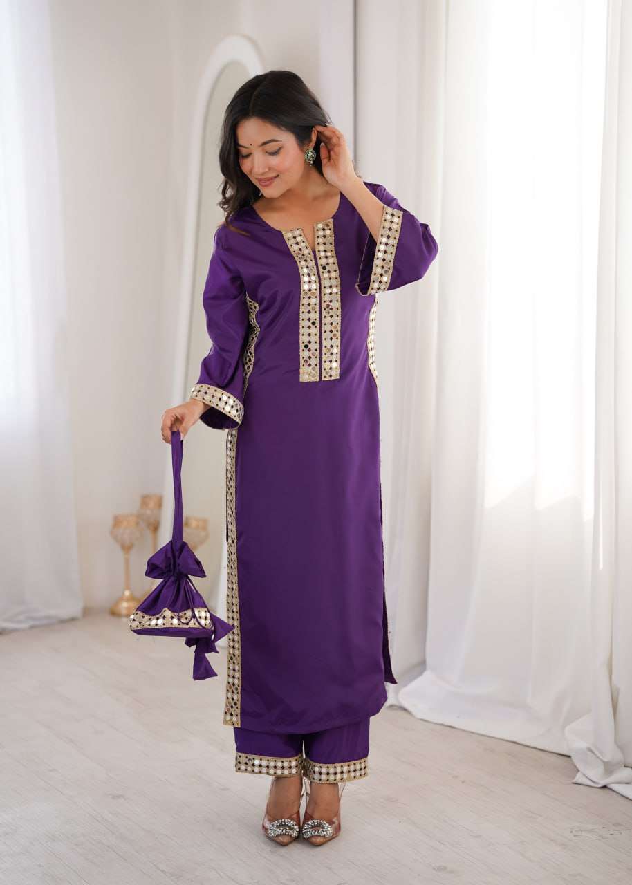 Premium Natural Crepe Mirror Lace Kurti Set with Matching Batwa