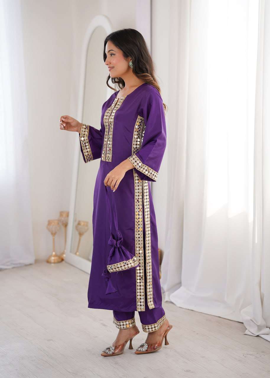 Premium Natural Crepe Mirror Lace Kurti Set with Matching Batwa