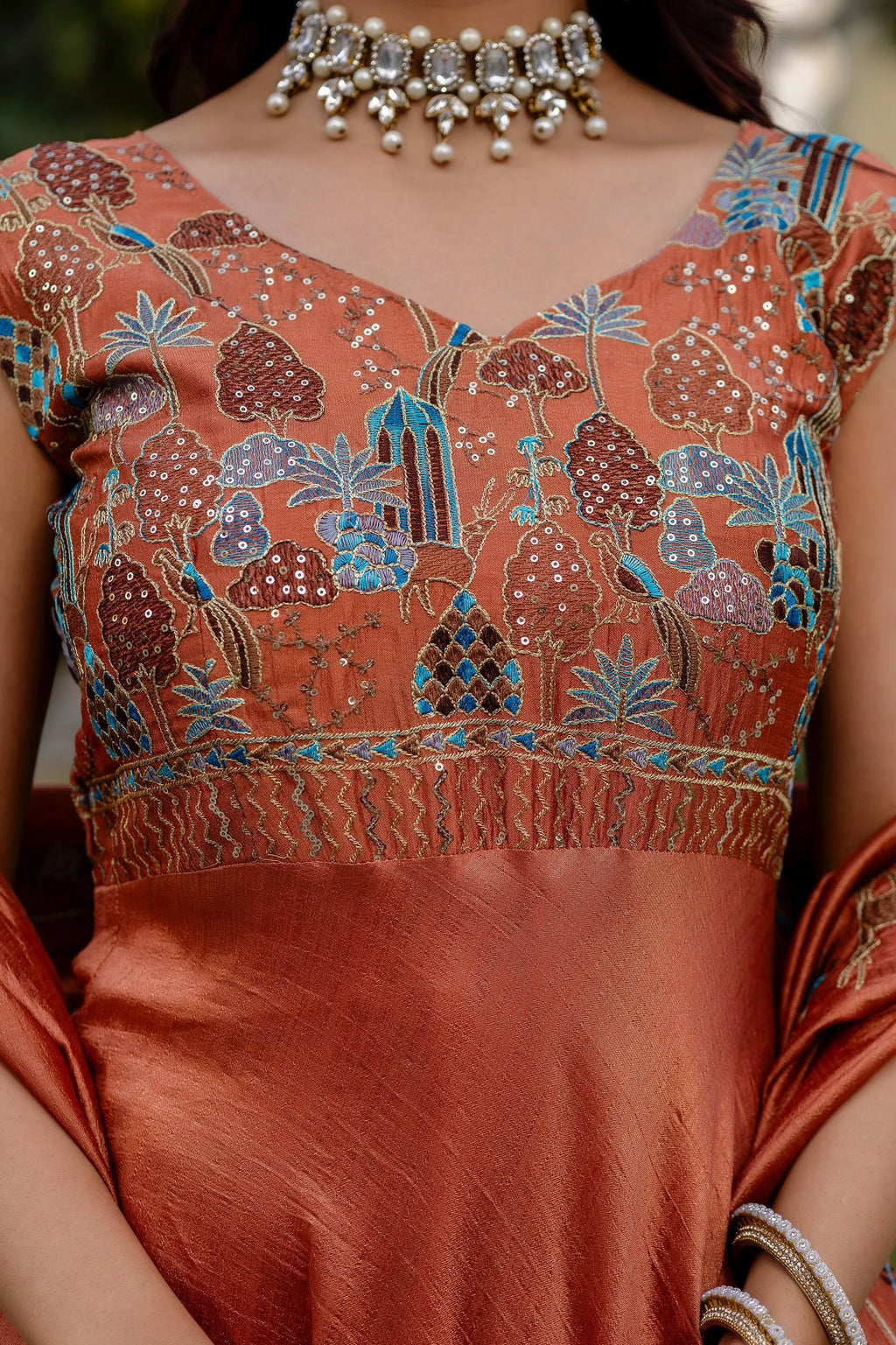 Premium Party Wear Vichitra Silk Gown with Embroidered Dupatta