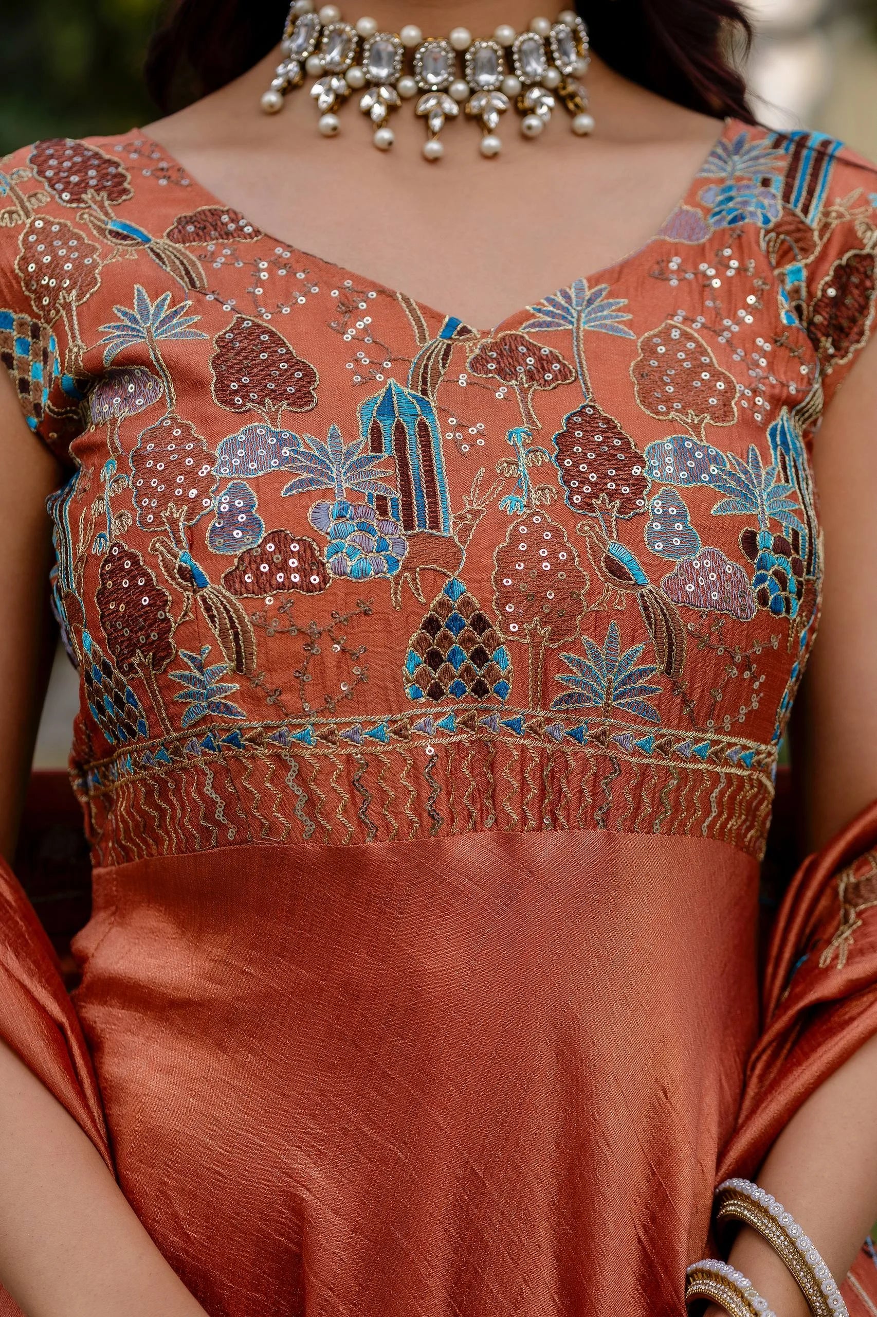 Premium Party Wear Vichitra Silk Gown with Embroidered Dupatta