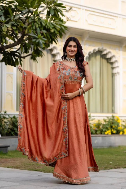 Premium Party Wear Vichitra Silk Gown with Embroidered Dupatta