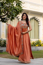 Premium Party Wear Vichitra Silk Gown with Embroidered Dupatta