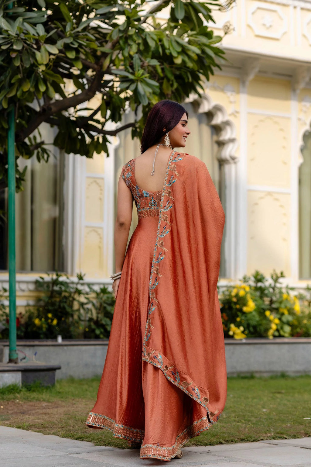 Premium Party Wear Vichitra Silk Gown with Embroidered Dupatta