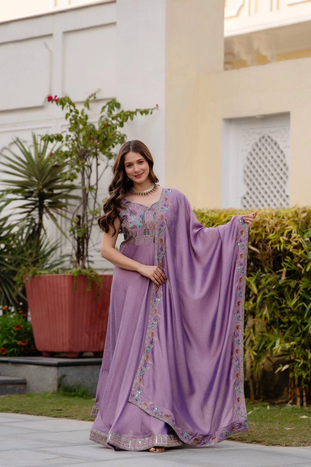 Premium Party Wear Vichitra Silk Gown with Embroidered Dupatta