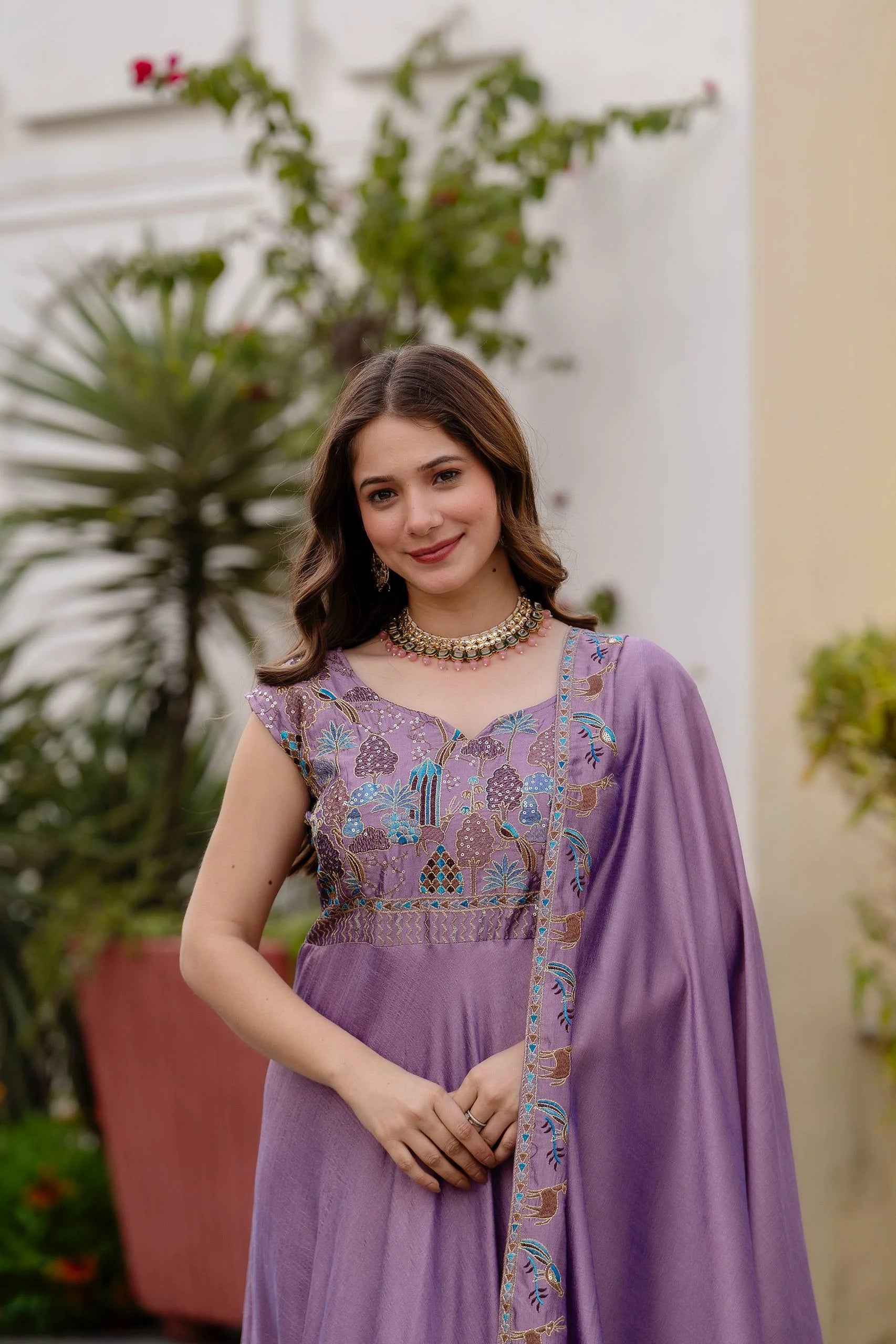 Premium Party Wear Vichitra Silk Gown with Embroidered Dupatta