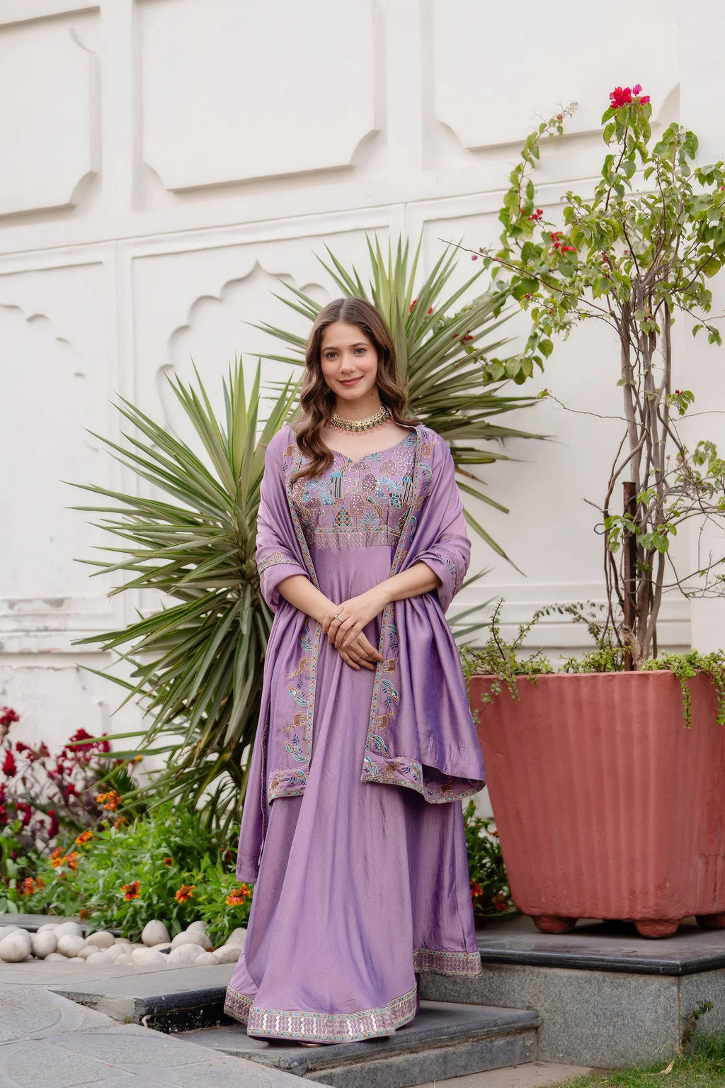 Premium Party Wear Vichitra Silk Gown with Embroidered Dupatta