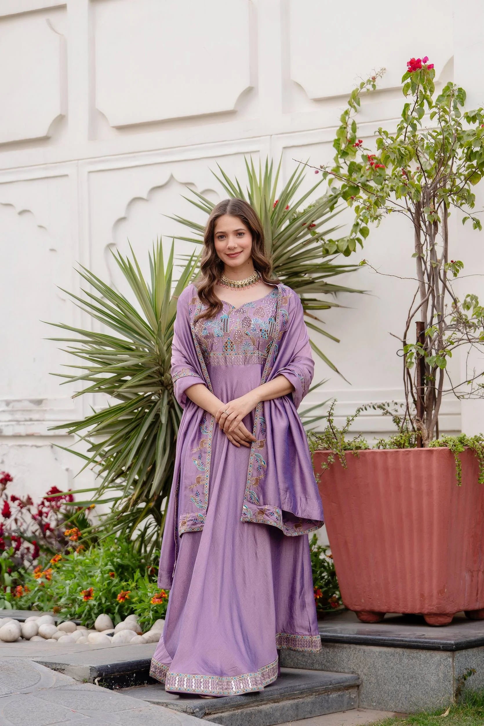 Premium Party Wear Vichitra Silk Gown with Embroidered Dupatta