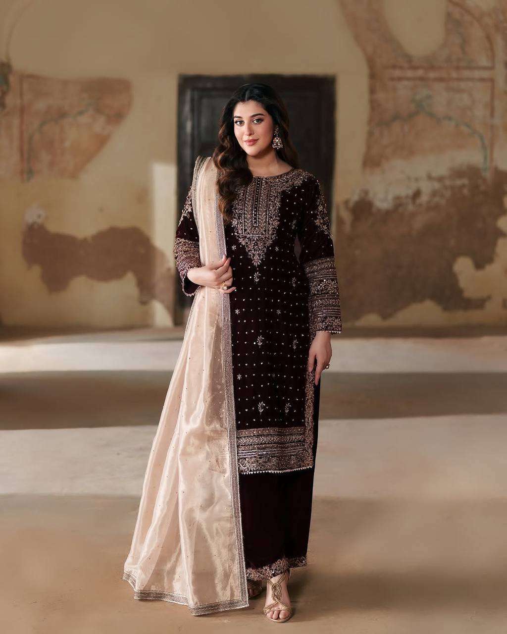 Luxury Maroon Velvet Ensemble â€“ 3 Piece Suit with Sequence Work