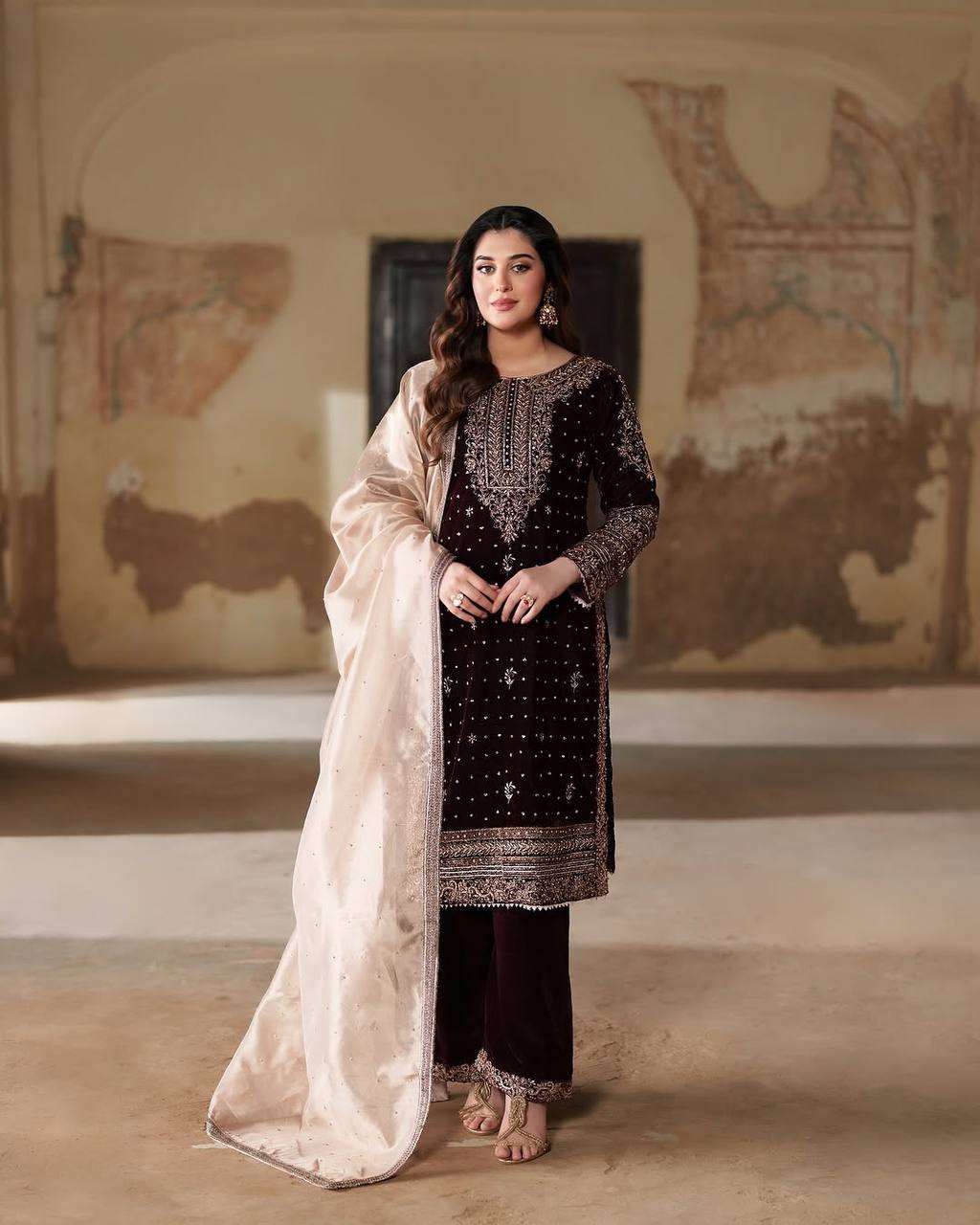 Luxury Maroon Velvet Ensemble â€“ 3 Piece Suit with Sequence Work