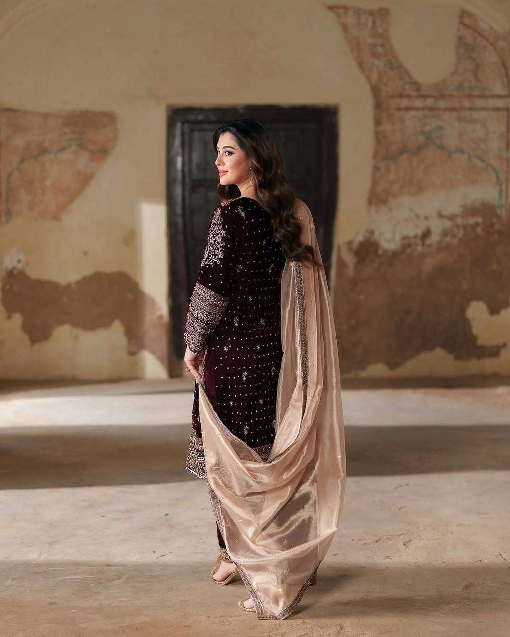 Luxury Maroon Velvet Ensemble â€“ 3 Piece Suit with Sequence Work