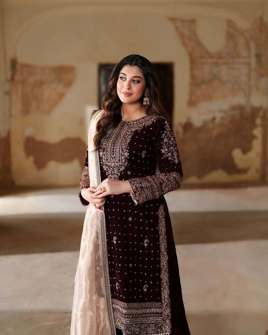 Luxury Maroon Velvet Ensemble â€“ 3 Piece Suit with Sequence Work
