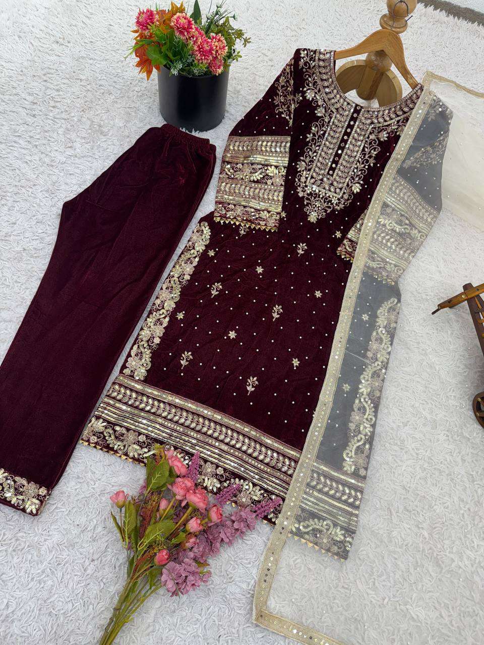 Luxury Maroon Velvet Ensemble â€“ 3 Piece Suit with Sequence Work