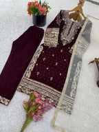 Luxury Maroon Velvet Ensemble â€“ 3 Piece Suit with Sequence Work