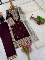 Luxury Maroon Velvet Ensemble â€“ 3 Piece Suit with Sequence Work