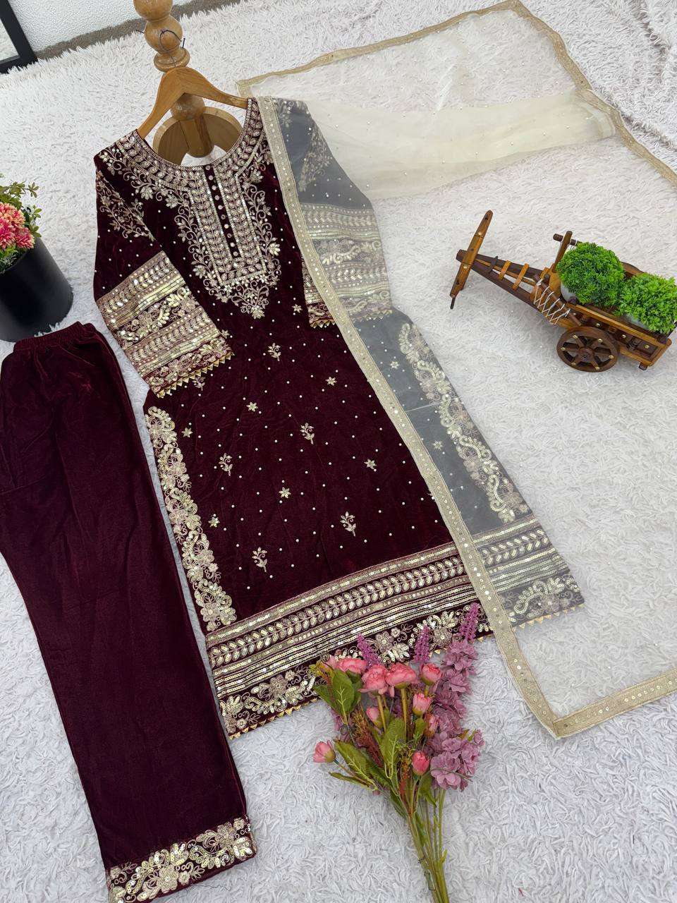 Luxury Maroon Velvet Ensemble â€“ 3 Piece Suit with Sequence Work